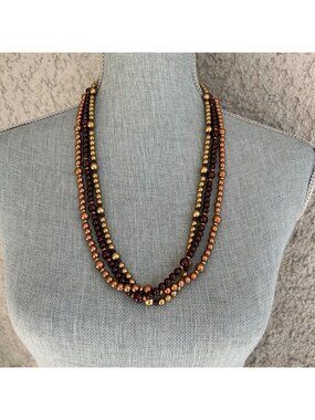 Retro AVON Multi-Strand Beaded Necklace Metallic Brown Gold & Bronze Beads 90s
